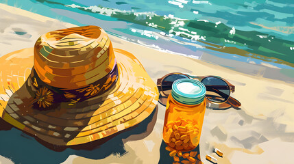 Sand and ocean, Bottle of pills, a woman's hat, and glasses, Illustration of skin care concept. generative AI. - 781301949