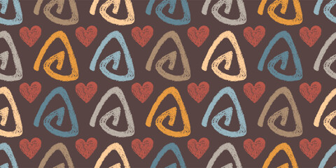 Fototapeta premium Abstract Seamless Pattern of Hand-Drawn Triangular Spirals and Hearts on Dark Backdrop. Style of Children's Drawing.