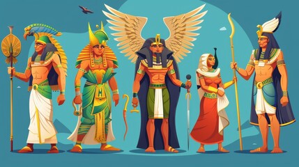 Fototapeta na wymiar The Egyptian god Amun, Osiris, the king and queen with falcon heads, the god Horus, and the goddess Cleopatra. Modern cartoon characters from the Egyptian mythology.