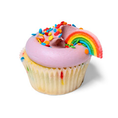 Delicious cupcake decorated with sweets and a rainbow-shaped jelly bean, with a transparent background and shadow