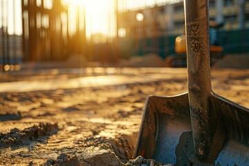 Close-up of a weathered concrete shovel with fresh concrete, in the golden light of an afternoon at a well-organized construction site - obrazy, fototapety, plakaty