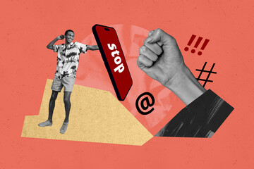 Composite collage picture image of fighting fist attack cyber bullying violence problem concept...