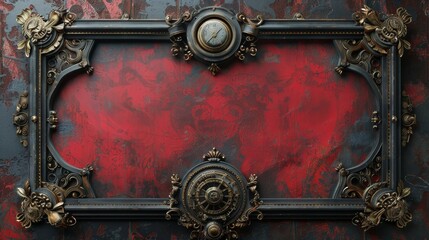 A steampunk vintage frame with a red background and old mechanisms in 3D