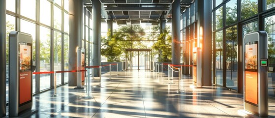 A contemporary office lobby adorned with digital signage displays, interactive kiosks, and biometric access points, showcasing the latest advancements in modern technology for ensuring secure access t