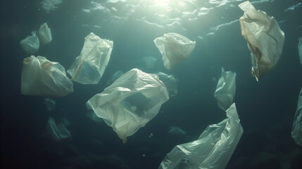 Fototapeta premium Plastic bags floating underwater with light filtering through the water from above