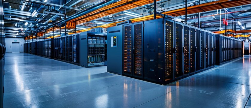 A modern data center facility housing rows of servers, storage arrays, and backup systems, with technicians monitoring operations from a central control room equipped with advanced monitoring tools