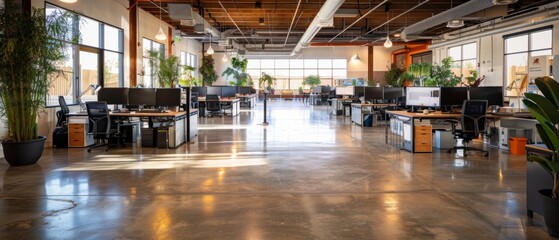 A sleek and modern coworking space with flexible workstations, high-speed internet access, and secure networking infrastructure, catering to the needs of modern businesses and entrepreneurs who priori - obrazy, fototapety, plakaty