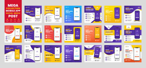 Mobile app promotion social media post banner template. Mega collection of 20 social media post design template
