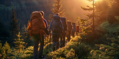 A group of hikers trekking through the forest during sunrise on a summer day.