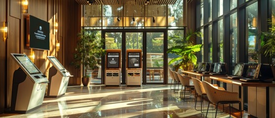 lobby featuring self-check-in kiosks, keyless entry systems, and personalized concierge services powered by AI technology, demonstrating how modern hospitality businesses leverage technology