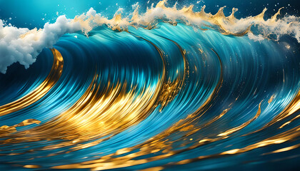 Hintergründe und Vorlage einer Welle in blau gold, wie flüssiges Metall oder Frische in blau Tönen mit Spritzern und Tropfen in dynamisch geschwungenen Linien und voller Lebendigkeit und Energie - obrazy, fototapety, plakaty