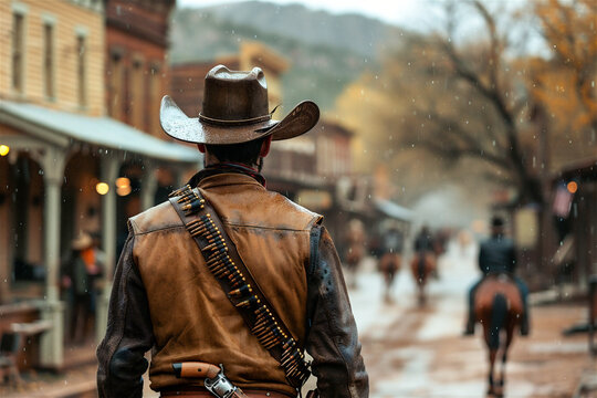 Gunfighter and a Western Town.  Generated Image.  A digital rendering of a gunfighter in an old western town.