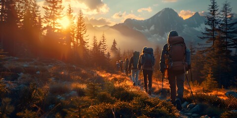 A group of friends hiking through the rugged wilderness, seeking adventure and discovery.