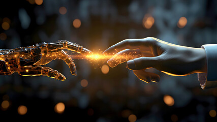 Human and robot hands with sparkling connection point against bokeh lights background. Artificial intelligence and futuristic human-robot interaction concept - 781303395