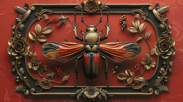 Steampunk brass frame with mechanical beetle decoration on red background.