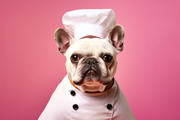 French bulldog in chef hat and coat on pink, a picture of culinary cuteness.