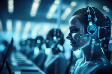 Cybernetic operator with glowing headset in neon-lit futuristic call center, symbolizing advanced AI support.