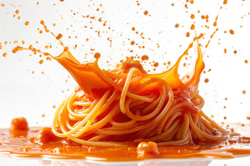 Spaghetti suspended in mid-air amidst a sauce explosion