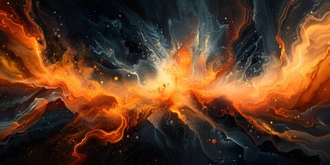 A captivating abstract piece featuring bursts of color on a black background, with elements of...