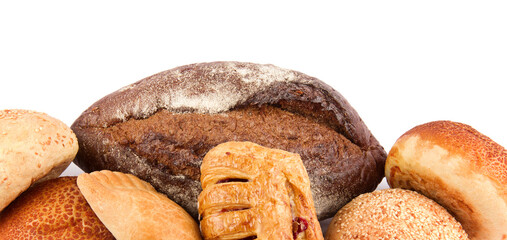 Pastries, buns and bread Isolated on a white. Wide photo. There is free space for text. - 781304159