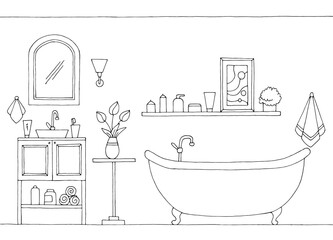 Bathroom graphic home interior black white sketch illustration vector  - 781304302