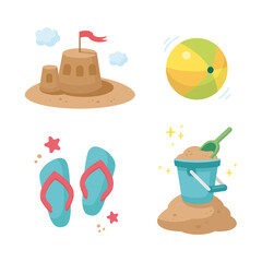 Summer Set. Cute summer icons collection. Summertime elements. Kids Beach games icons. Beach holidays elements. Cartoon vector illustration. Flat design.