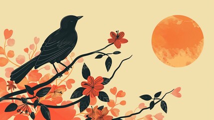 Sinhala New Year Erythrina Fusca Flowers with black Asian koel bird and a sun, flat illustration - obrazy, fototapety, plakaty