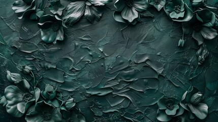 Dark green decorative texture of plaster wall with volumetric decorative flowers.