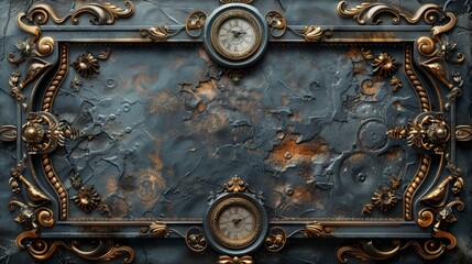 An aged metal frame with a steampunk clock and ornaments in 3D. - obrazy, fototapety, plakaty