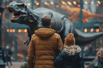 Giant Prehistoric Wonders: Father and Daughter Marveling at a T-Rex Model - obrazy, fototapety, plakaty