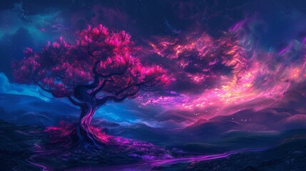 Fototapeta na wymiar Fantasy magic tree, landscape, abstract neon background.