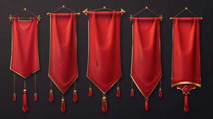 Blank banner mockup with golden tassels, rounded, concave, pointed, and double edges. Medieval heraldic ensign template on canvas. Set of realistic 3D modern icons. - obrazy, fototapety, plakaty
