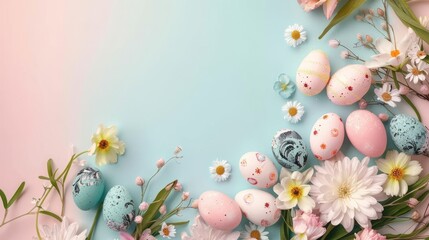 Floral oval adorned with Easter eggs and flowers, viewed from above. Minimalist pastel background with space for text