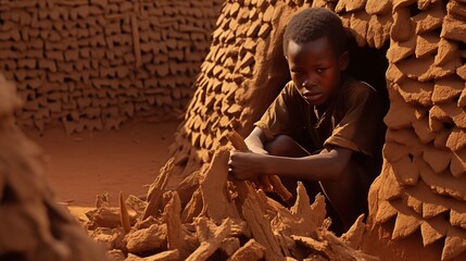 A determined African child constructing a shelter from sun-dried bricks and palm fronds, seeking refuge from the scorching desert heat. - Powered by Adobe