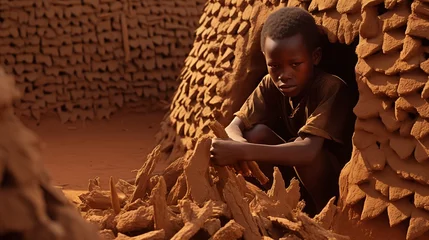 Foto op Plexiglas A determined African child constructing a shelter from sun-dried bricks and palm fronds, seeking refuge from the scorching desert heat. © NB arts