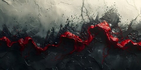 A stunning abstract piece featuring an explosion of black and white ink with a burst of red paint...