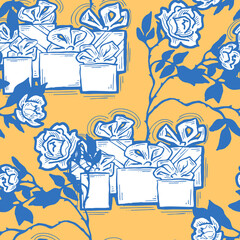 Gift box, ribbon and flowers seamless pattern for wrapping present with bow, party celebration, sale promotion, Textile print, fabric design, banner background. Hand drawn illustration cartoon style.