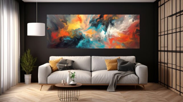 Cozy living room with couch and large painting on wall