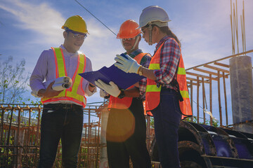 Structural engineer or architect and foreman worker with blueprints discuss, plan working for the outdoors building construction site. Construction collaboration concept