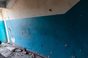 destroyed and burned houses in the city in Ukraine