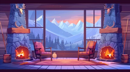 A traditional mountain lodge living room with horns on the wall and a fireplace. Illustration of traditional lodge, mountain cottage living room with fireplace and mountains behind. - obrazy, fototapety, plakaty