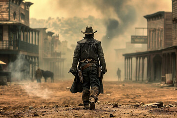 Gunfighter and a Western Town.  Generated Image.  A digital rendering of a gunfighter in an old western town. - obrazy, fototapety, plakaty