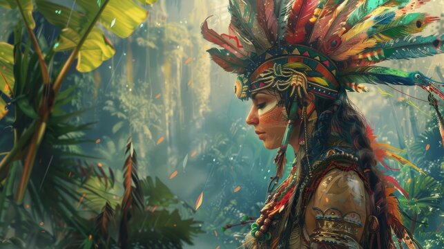 Woman wearing feathers with colorful shiny armor in mayan art - beautiful colorful imaginary jungle landscape
