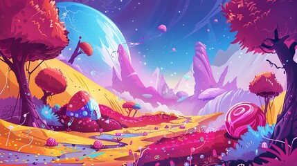 In this poster, there are candy trees, sweets, and an alien landscape which is a fairy tale cosmic background with beautiful strange plants. There is a candy planet cartoon poster with fantasy alien - obrazy, fototapety, plakaty