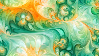 maritim abstrakte Vorlage Hintergrund, geschwungen dynamisch natürlich in grün orange Perlmutt glänzend, Spiralen Kreise wie Muschel Schnecke, bewegt kurvig wellig schneckenförmig Meer - obrazy, fototapety, plakaty