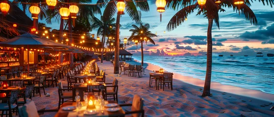 Foto op Canvas Tropical Island Paradise at Sunset, Beach Resort Ambiance, Palm Trees and Ocean View, Serene Vacation Scene, Relaxing Summer © Jahid