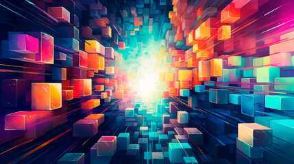 A vibrant abstract tunnel of glowing, colorful blocks leading towards a bright light, symbolizing...