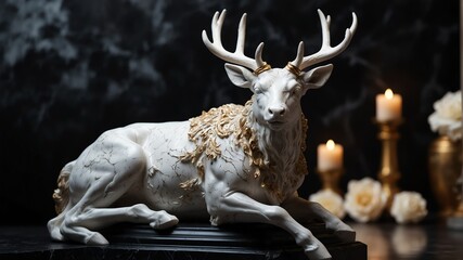 white marble deer statue on plain black background from Generative AI