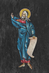 Christian traditional image of Isaiah prophet. Religious illustration on black stone wall background in Byzantine style