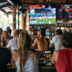Group of people from behind watch the Olympic competitions sitting at the bar in front of the TV screen